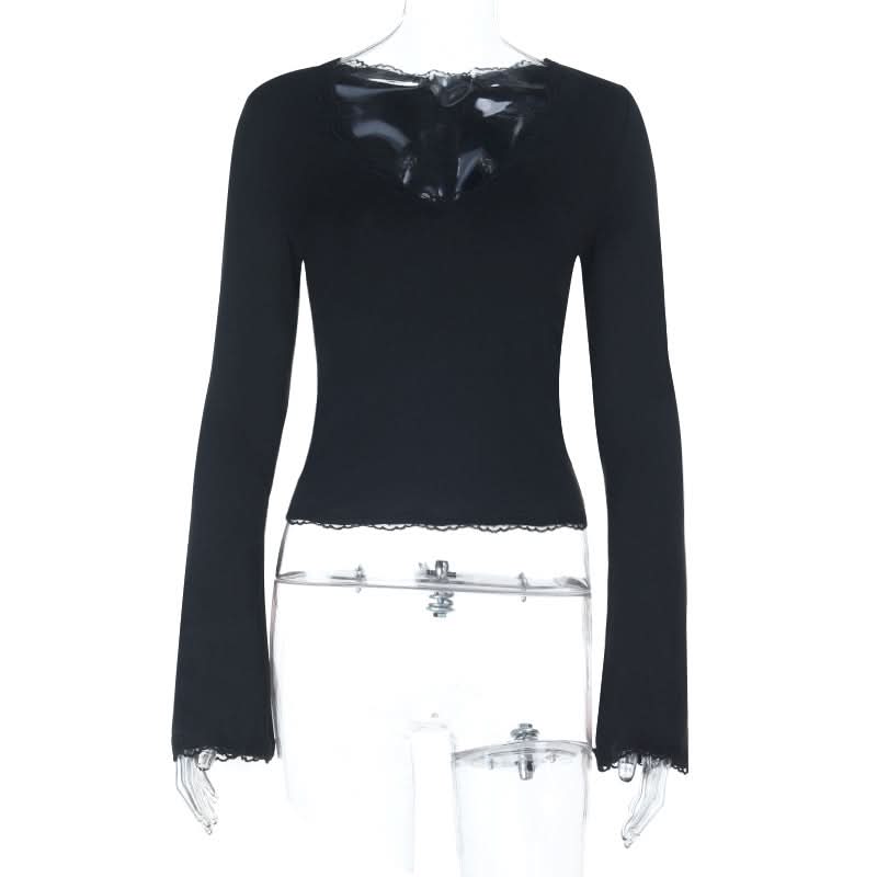Elegant Black Lace Bell Sleeve V-Neck Top - Your Chic Fall & Holiday Essential