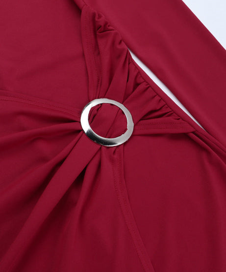 Elegant Burgundy O-Ring Slit Maxi Dress | Chic Long Sleeve Cutout Gown for Fall & Holiday Parties