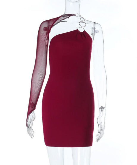 Daring Burgundy One-Shoulder O-Ring Bodycon Mini Dress - Holiday & NYE Glam