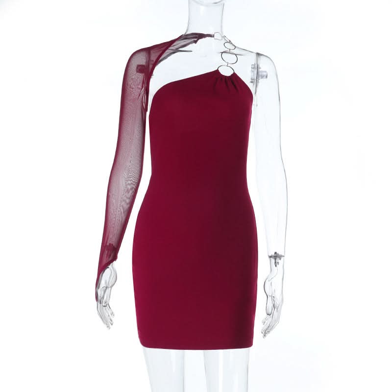 Daring Burgundy One-Shoulder O-Ring Bodycon Mini Dress - Holiday & NYE Glam