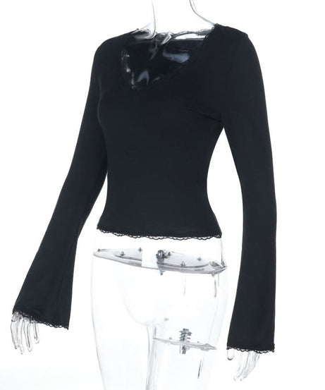 Elegant Black Lace Bell Sleeve V-Neck Top - Your Chic Fall & Holiday Essential