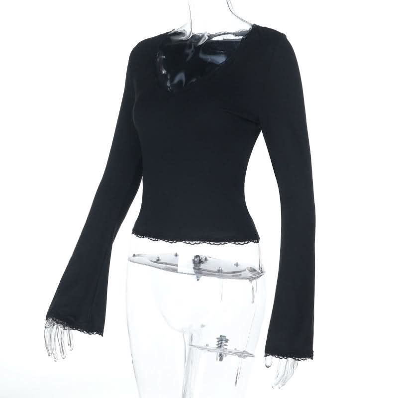Elegant Black Lace Bell Sleeve V-Neck Top - Your Chic Fall & Holiday Essential