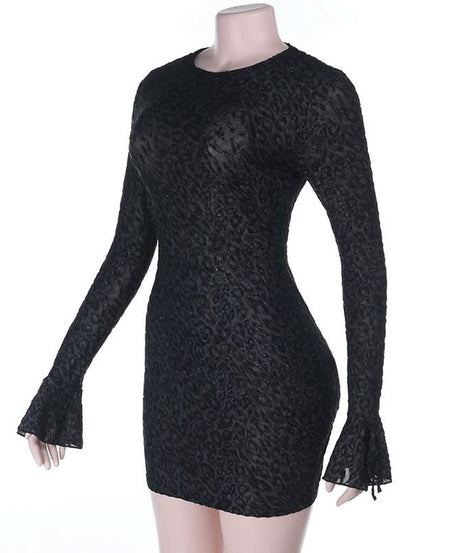 Sultry Shimmer Leopard Print Long Sleeve Bodycon Mini Dress with Tie Cuffs – Holiday Party & NYE Ready