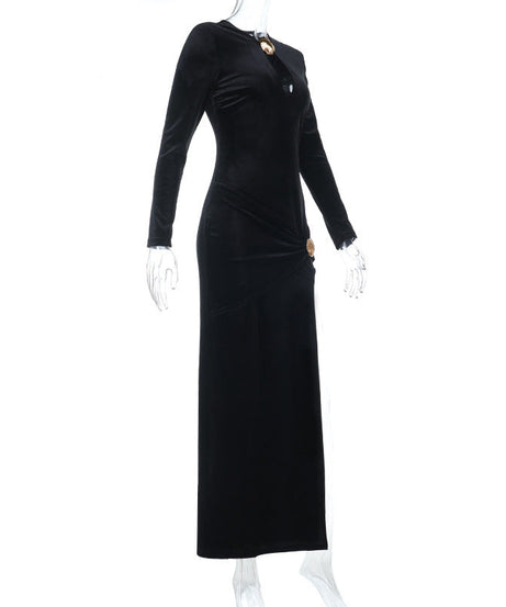 Luxurious Black Velvet Maxi Dress with Keyhole & Slit - Your Stunning Holiday & New Year's Eve Ensemble