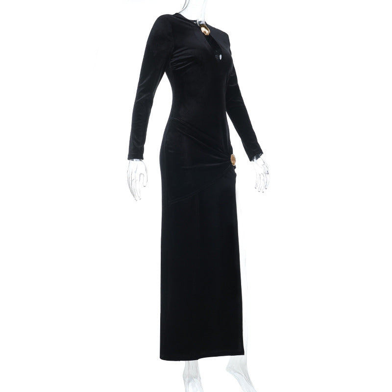 Luxurious Black Velvet Maxi Dress with Keyhole & Slit - Your Stunning Holiday & New Year's Eve Ensemble