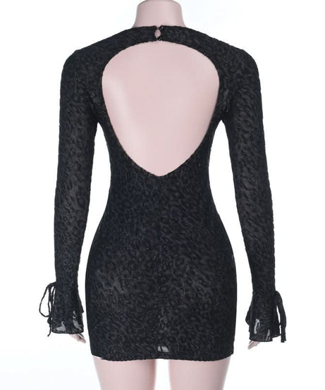 Sultry Shimmer Leopard Print Long Sleeve Bodycon Mini Dress with Tie Cuffs – Holiday Party & NYE Ready