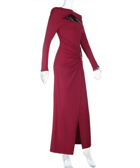 Elegant Burgundy O-Ring Slit Maxi Dress | Chic Long Sleeve Cutout Gown for Fall & Holiday Parties
