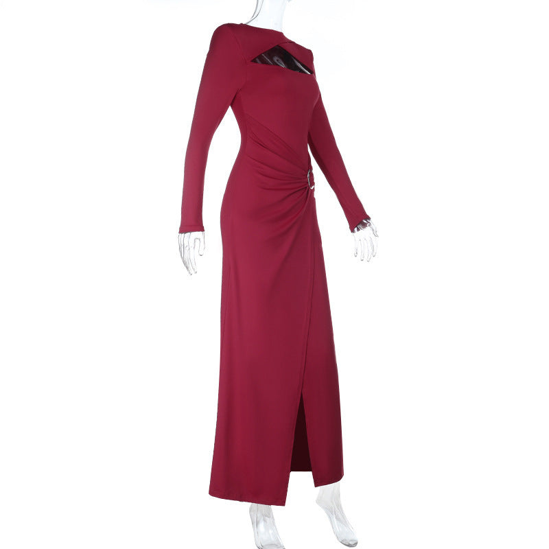 Elegant Burgundy O-Ring Slit Maxi Dress | Chic Long Sleeve Cutout Gown for Fall & Holiday Parties