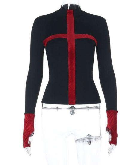 Gothic Red Cross Turtleneck Long Sleeve Top - Edgy Fall & Halloween Fashion for American Women