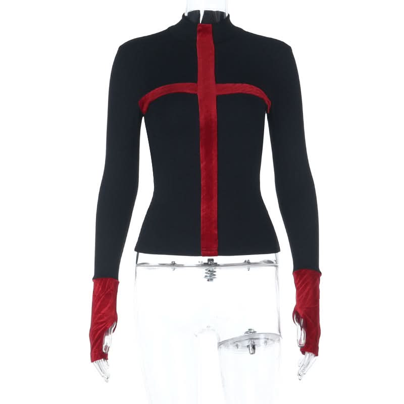 Gothic Red Cross Turtleneck Long Sleeve Top - Edgy Fall & Halloween Fashion for American Women