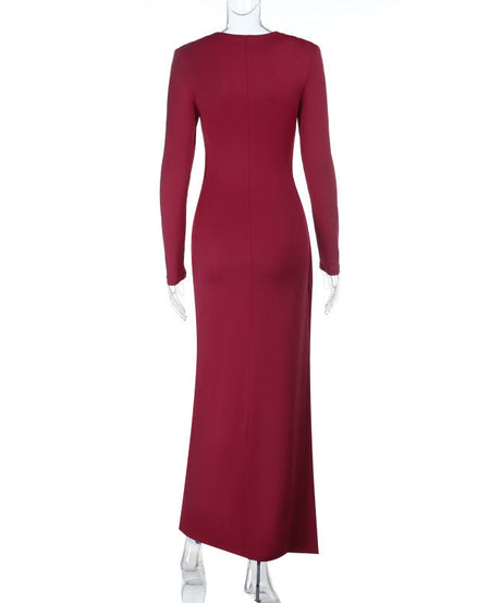 Elegant Burgundy O-Ring Slit Maxi Dress | Chic Long Sleeve Cutout Gown for Fall & Holiday Parties