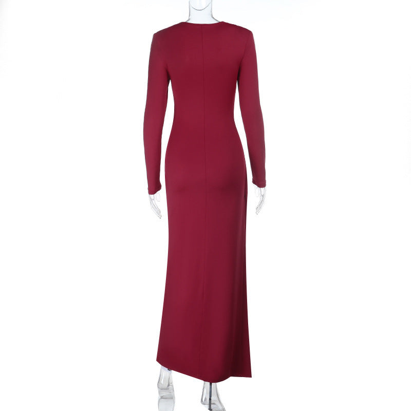 Elegant Burgundy O-Ring Slit Maxi Dress | Chic Long Sleeve Cutout Gown for Fall & Holiday Parties