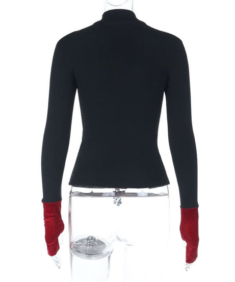 Gothic Red Cross Turtleneck Long Sleeve Top - Edgy Fall & Halloween Fashion for American Women