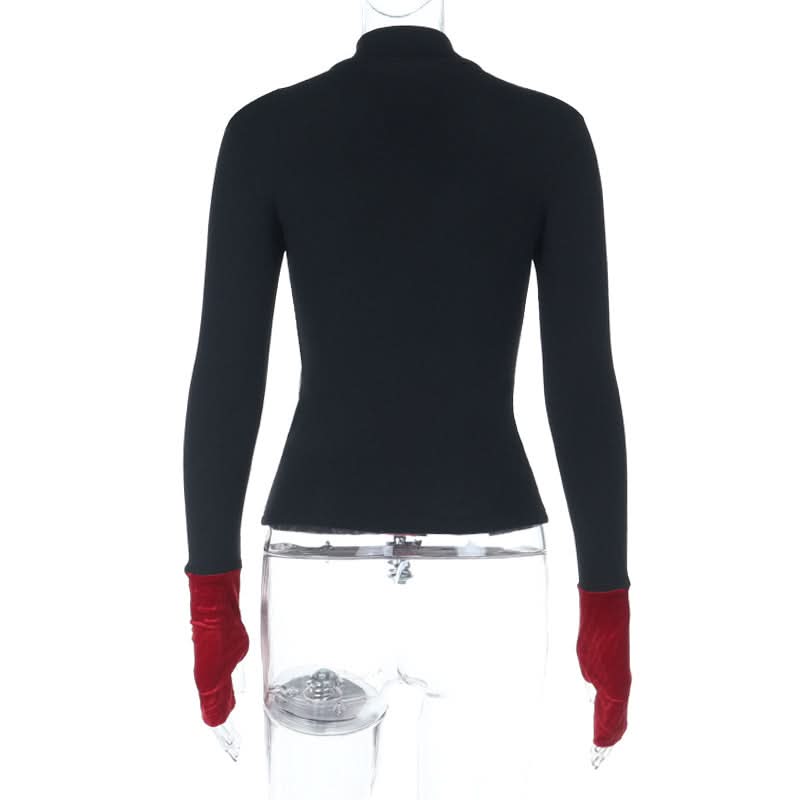 Gothic Red Cross Turtleneck Long Sleeve Top - Edgy Fall & Halloween Fashion for American Women