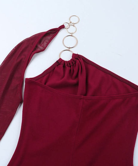 Daring Burgundy One-Shoulder O-Ring Bodycon Mini Dress - Holiday & NYE Glam