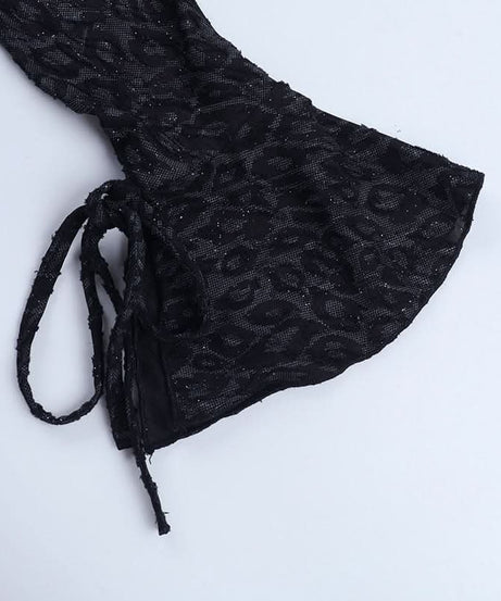 Sultry Shimmer Leopard Print Long Sleeve Bodycon Mini Dress with Tie Cuffs – Holiday Party & NYE Ready