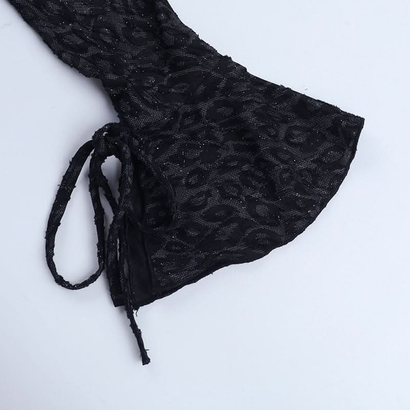 Sultry Shimmer Leopard Print Long Sleeve Bodycon Mini Dress with Tie Cuffs – Holiday Party & NYE Ready