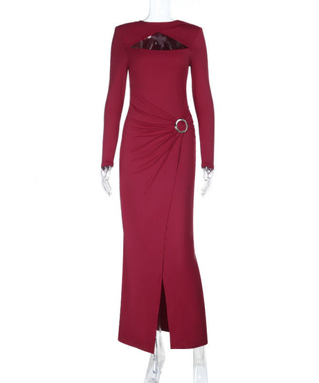 Elegant Burgundy O-Ring Slit Maxi Dress | Chic Long Sleeve Cutout Gown for Fall & Holiday Parties