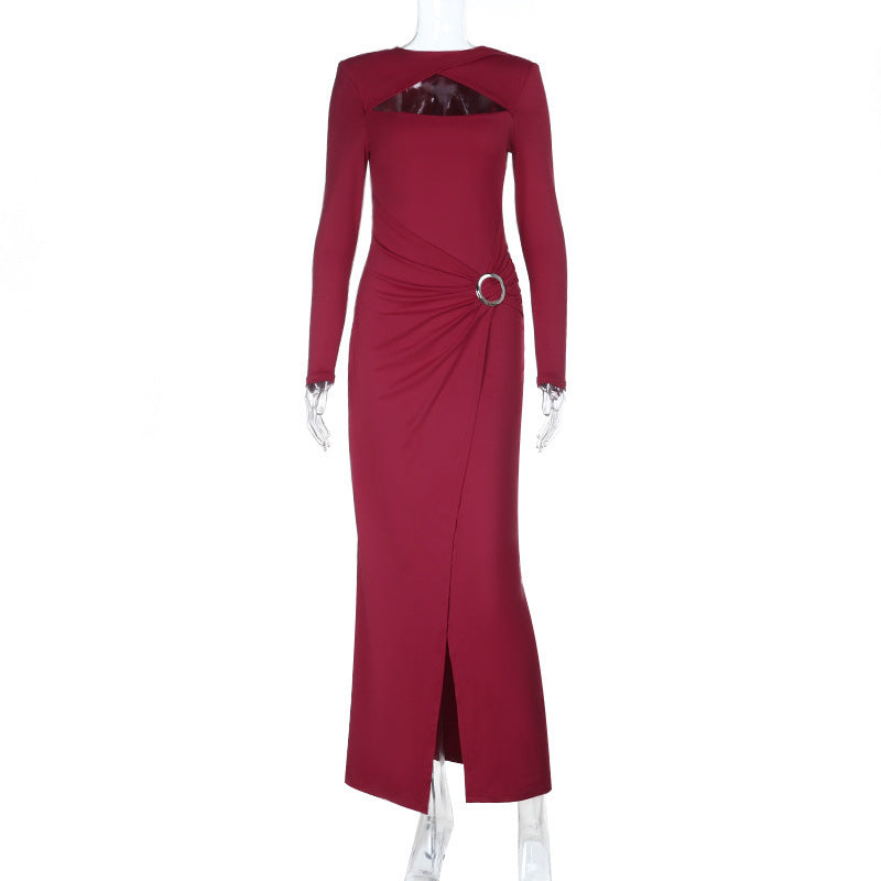 Elegant Burgundy O-Ring Slit Maxi Dress | Chic Long Sleeve Cutout Gown for Fall & Holiday Parties