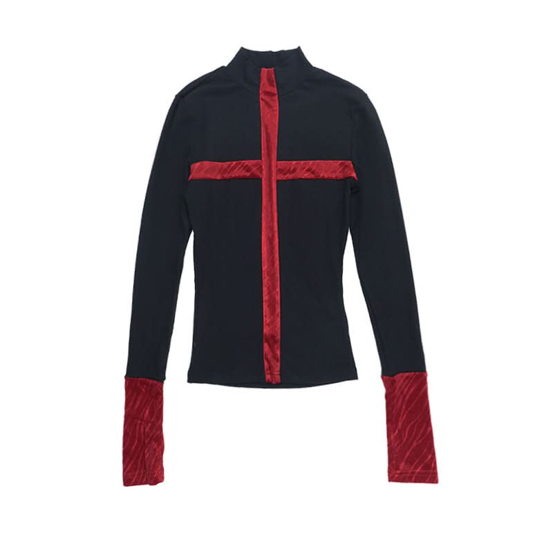 Gothic Red Cross Turtleneck Long Sleeve Top - Edgy Fall & Halloween Fashion for American Women