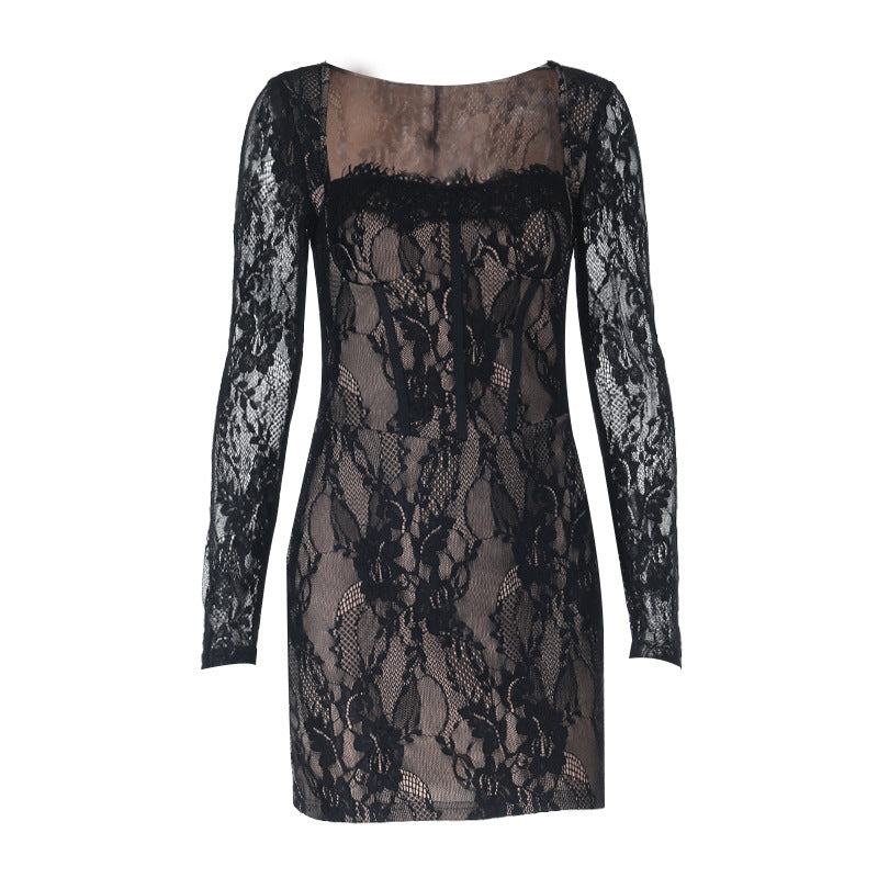 Alluring Black Lace Square Neck Mini Dress - Perfect for Holiday Parties & Date Nights