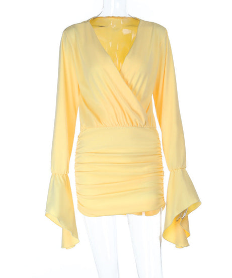 Effortless Chic Buttery Yellow Ruched Mini Dress | Bell Sleeve Bodycon for Fall & Holiday Parties