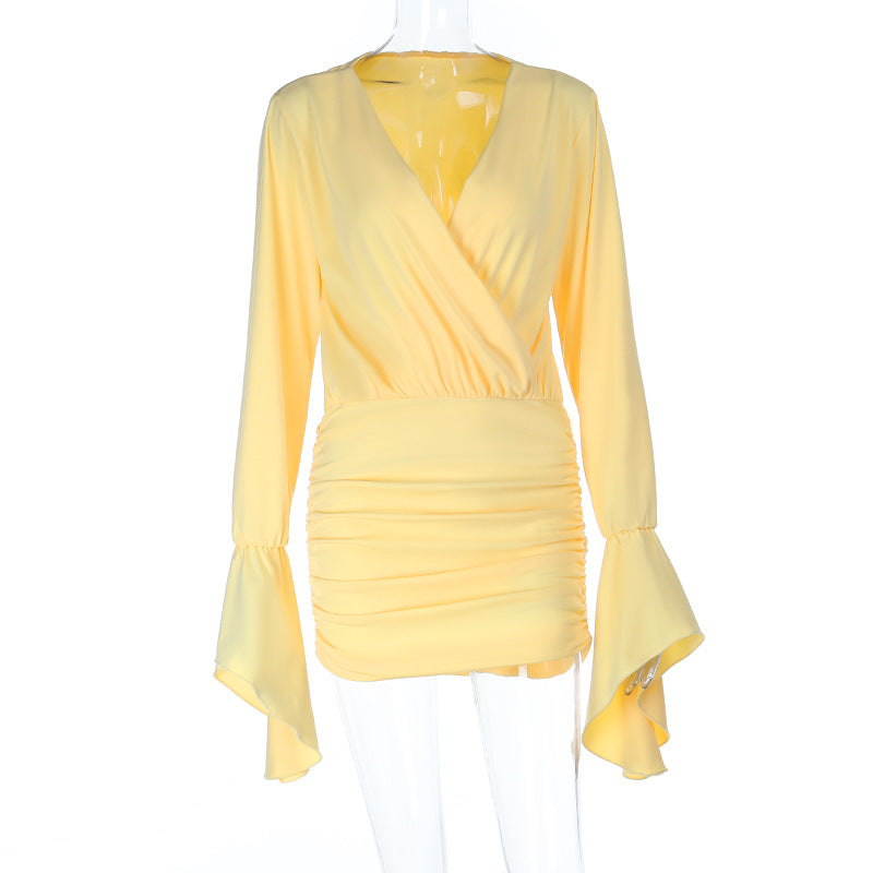 Effortless Chic Buttery Yellow Ruched Mini Dress | Bell Sleeve Bodycon for Fall & Holiday Parties