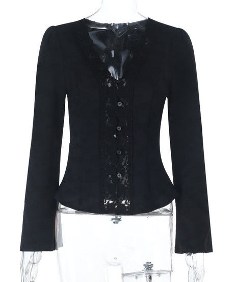 Elegant Black Lace V-Neck Blouse | Button-Front Long Sleeve Top for Fall & Holiday Chic