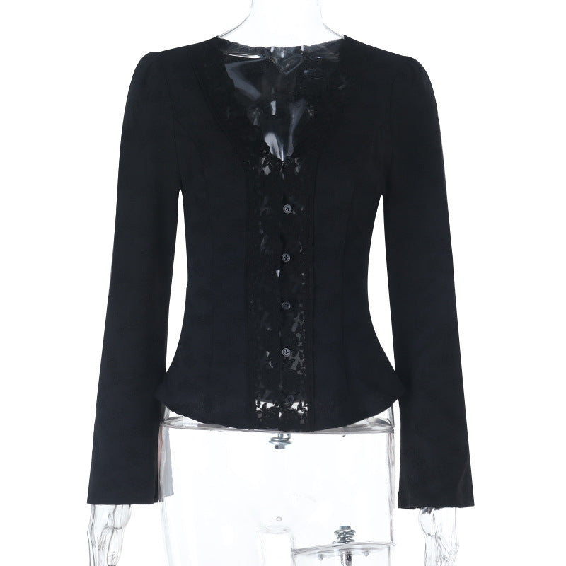 Elegant Black Lace V-Neck Blouse | Button-Front Long Sleeve Top for Fall & Holiday Chic