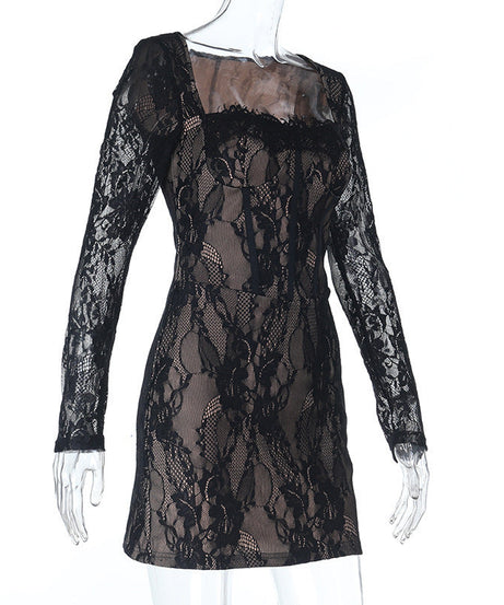 Alluring Black Lace Square Neck Mini Dress - Perfect for Holiday Parties & Date Nights