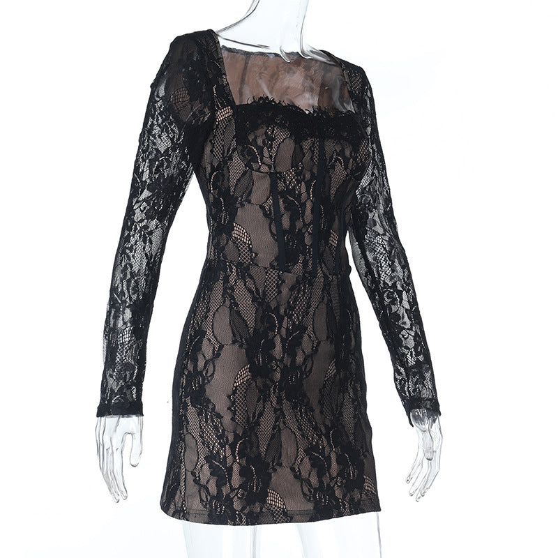 Alluring Black Lace Square Neck Mini Dress - Perfect for Holiday Parties & Date Nights
