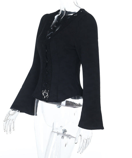 Elegant Black Lace V-Neck Blouse | Button-Front Long Sleeve Top for Fall & Holiday Chic