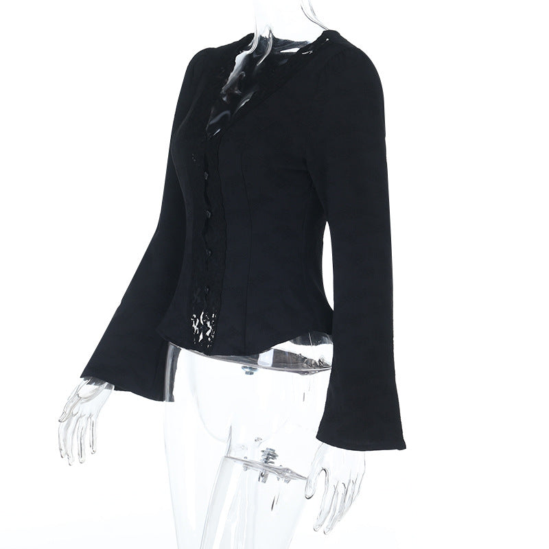 Elegant Black Lace V-Neck Blouse | Button-Front Long Sleeve Top for Fall & Holiday Chic
