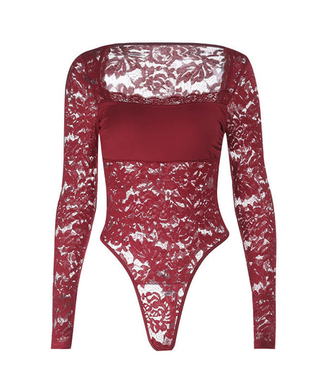 Chic Burgundy Lace Square Neck Bodysuit - Long Sleeve Fall & Holiday Essential