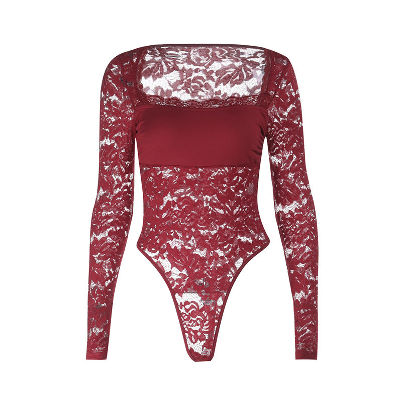 Chic Burgundy Lace Square Neck Bodysuit - Long Sleeve Fall & Holiday Essential