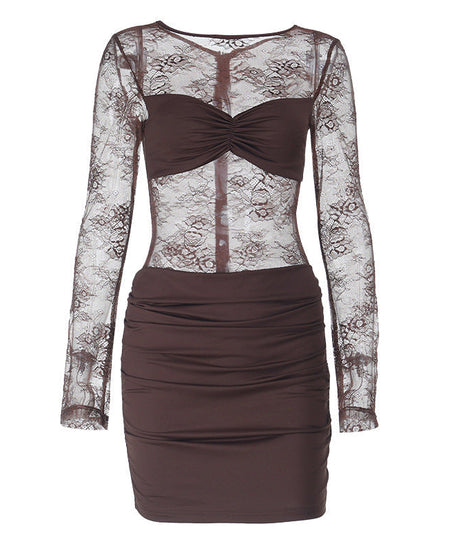 Chic Chocolate Brown Sheer Lace Ruched Mini Dress - Long Sleeve Bodycon for Fall Parties & Date Nights