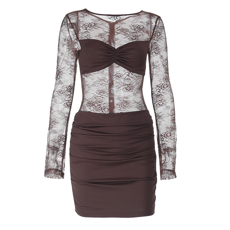 Chic Chocolate Brown Sheer Lace Ruched Mini Dress - Long Sleeve Bodycon for Fall Parties & Date Nights