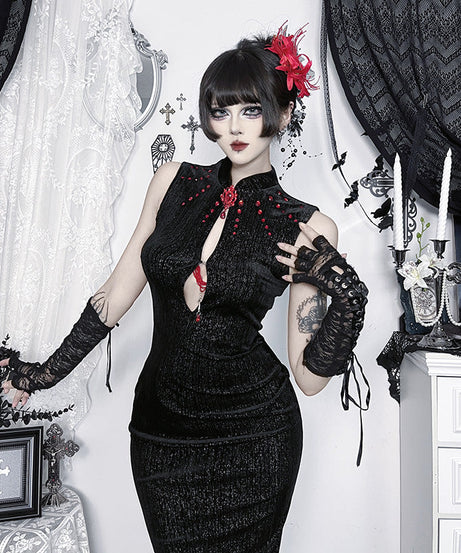 Midnight Siren Black Velvet Maxi Dress - Gothic Keyhole Slit Gown for Halloween & Fall Parties