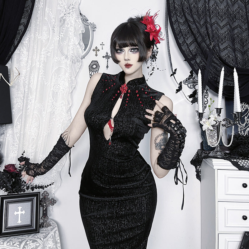 Midnight Siren Black Velvet Maxi Dress - Gothic Keyhole Slit Gown for Halloween & Fall Parties