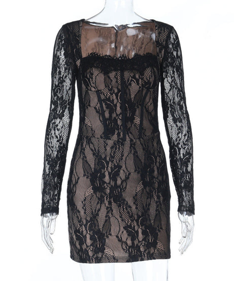 Alluring Black Lace Square Neck Mini Dress - Perfect for Holiday Parties & Date Nights