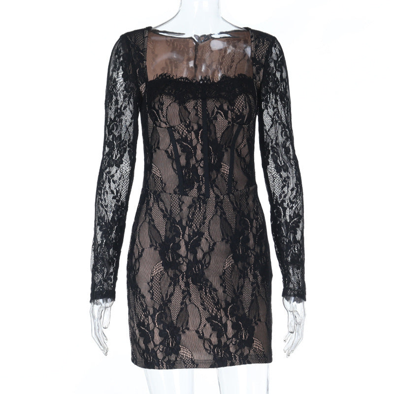 Alluring Black Lace Square Neck Mini Dress - Perfect for Holiday Parties & Date Nights