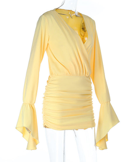 Effortless Chic Buttery Yellow Ruched Mini Dress | Bell Sleeve Bodycon for Fall & Holiday Parties