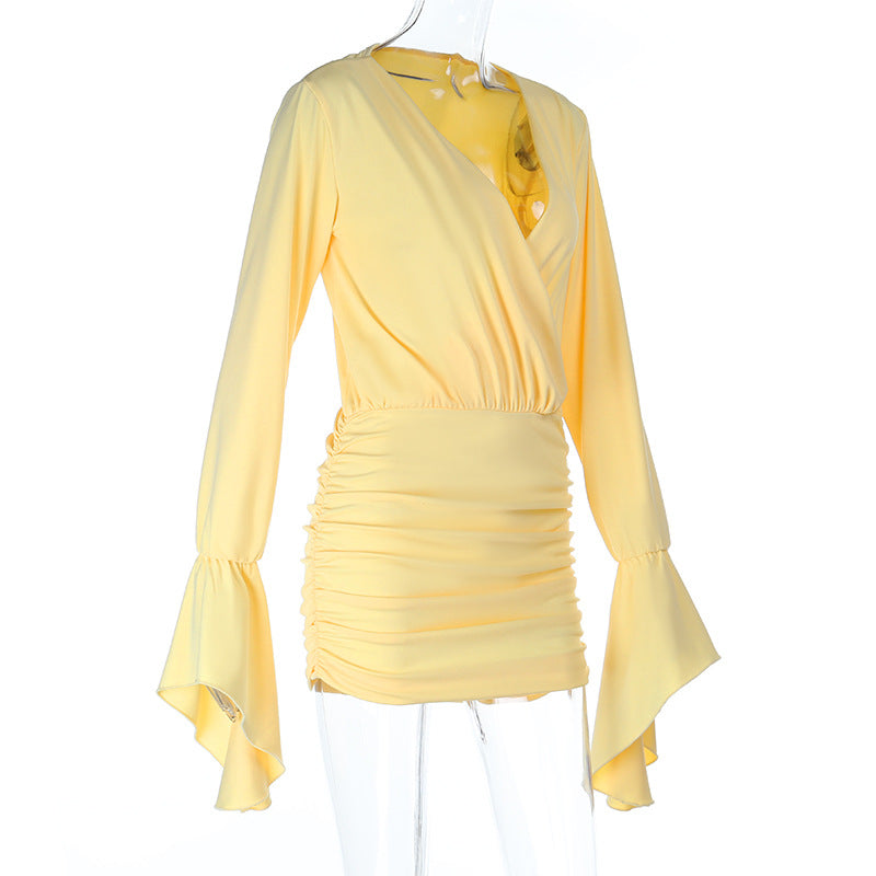 Effortless Chic Buttery Yellow Ruched Mini Dress | Bell Sleeve Bodycon for Fall & Holiday Parties