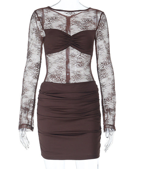 Chic Chocolate Brown Sheer Lace Ruched Mini Dress - Long Sleeve Bodycon for Fall Parties & Date Nights