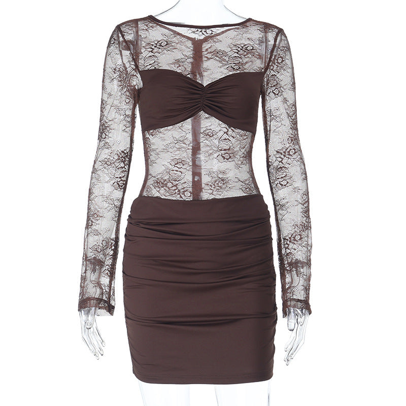 Chic Chocolate Brown Sheer Lace Ruched Mini Dress - Long Sleeve Bodycon for Fall Parties & Date Nights