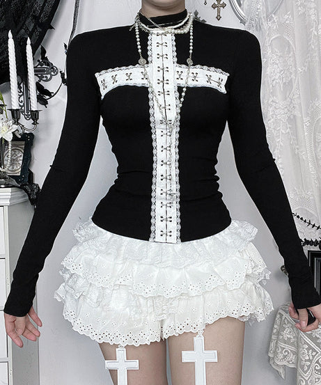 Gothic Lace Cross Ribbed Mock Neck Long Sleeve Top - Edgy Fall & Halloween Style for Women