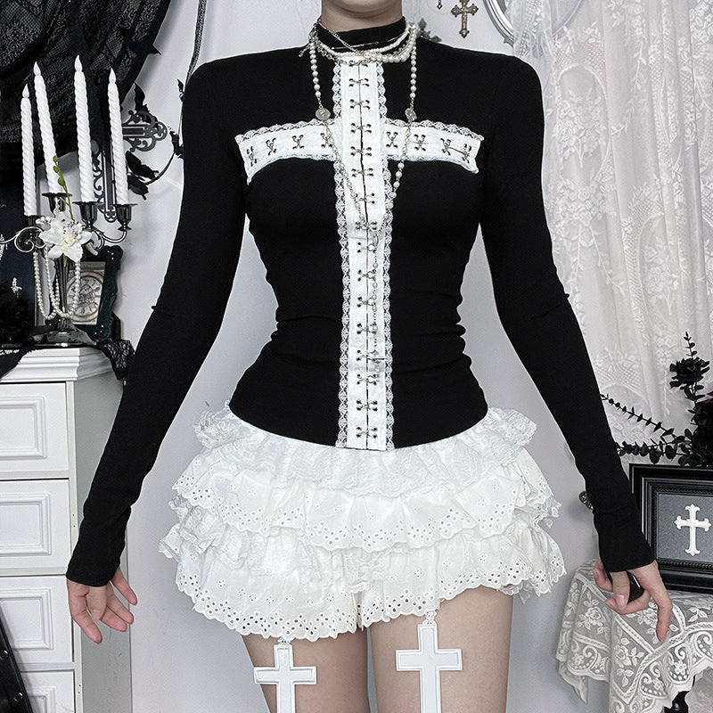 Gothic Lace Cross Ribbed Mock Neck Long Sleeve Top - Edgy Fall & Halloween Style for Women