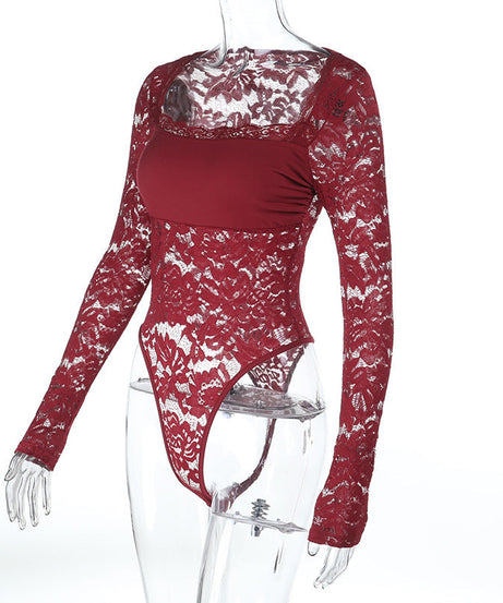 Chic Burgundy Lace Square Neck Bodysuit - Long Sleeve Fall & Holiday Essential