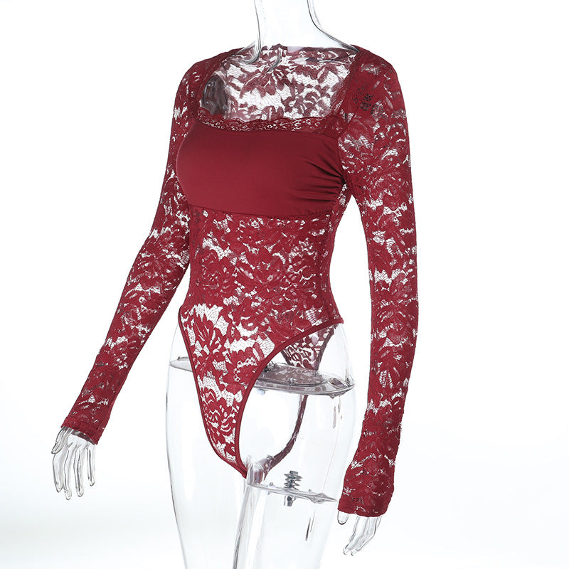 Chic Burgundy Lace Square Neck Bodysuit - Long Sleeve Fall & Holiday Essential