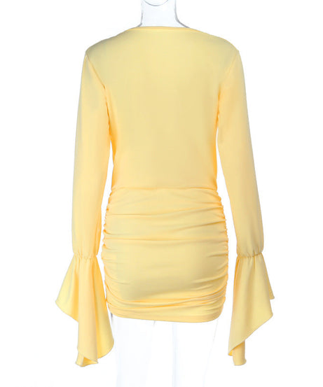 Effortless Chic Buttery Yellow Ruched Mini Dress | Bell Sleeve Bodycon for Fall & Holiday Parties